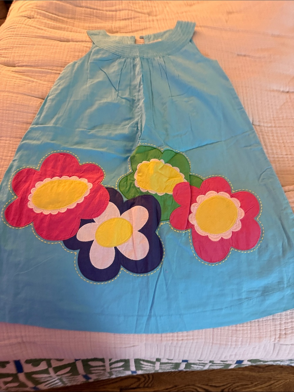 Mini Boden Blue Dress with Pink, Yellow, Green & Purple Flower Appliqués